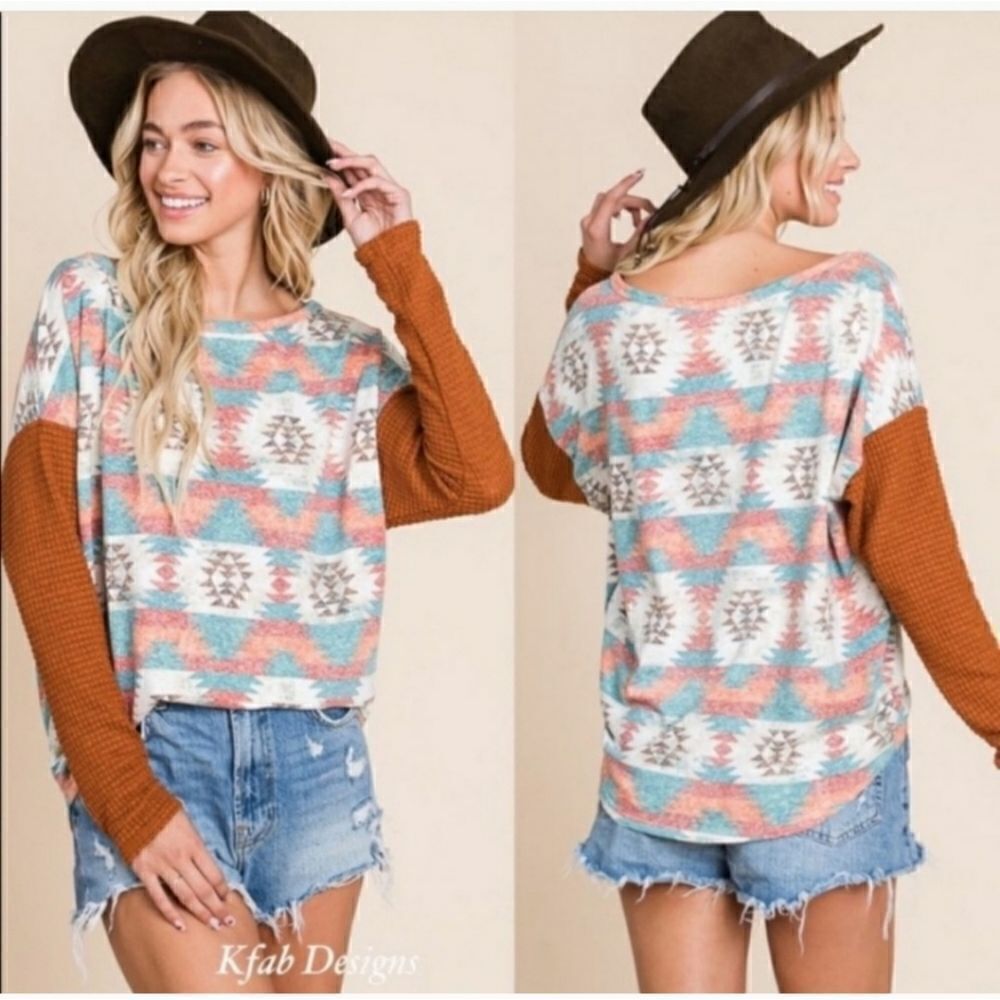 Color Block Aztec Print Relaxed Fit Thermal Top Sz L - Picture 3 of 9